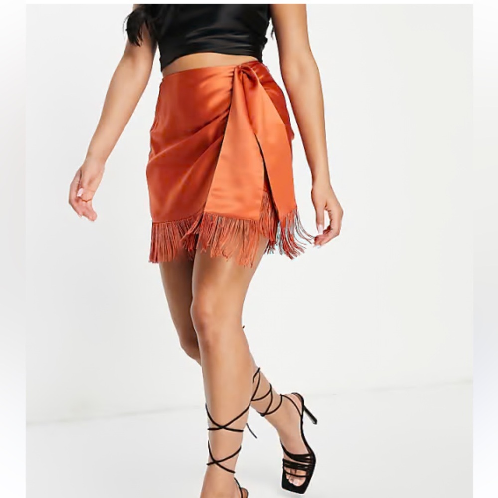 ASOS Sz 8 Rust Ruched Mini Skirt with Fringe • NWT!